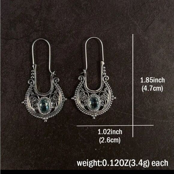 Blue Zircon Sterling Silver Boho Ethnic Earrings - Picture 6 of 7